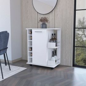 Bar Cart with Six-Wine Cubbies Cabot, Two-Side Storage Shelves and Casters, White Finish Bar Cart with Six-Wine Cubbies Cabot, Two-Side Storage Shelves and Casters, White Finish